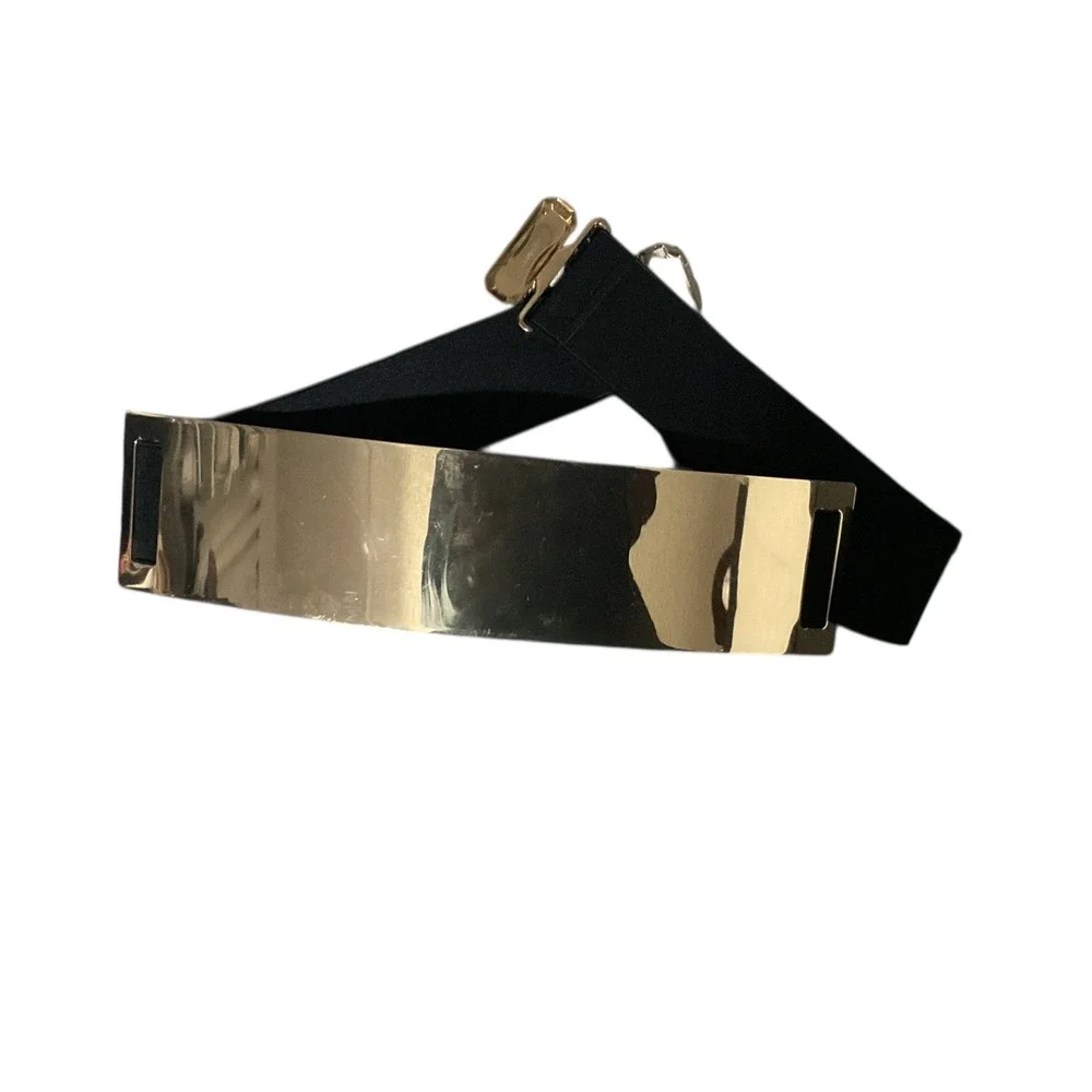 Womens Gold Tone Metallic Bar Elastic Waist‎ Belt Accent Accessory